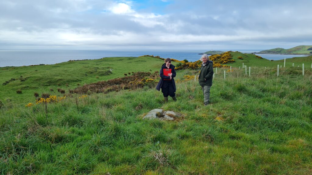 Two people standing in a field near a rock in the ground by water